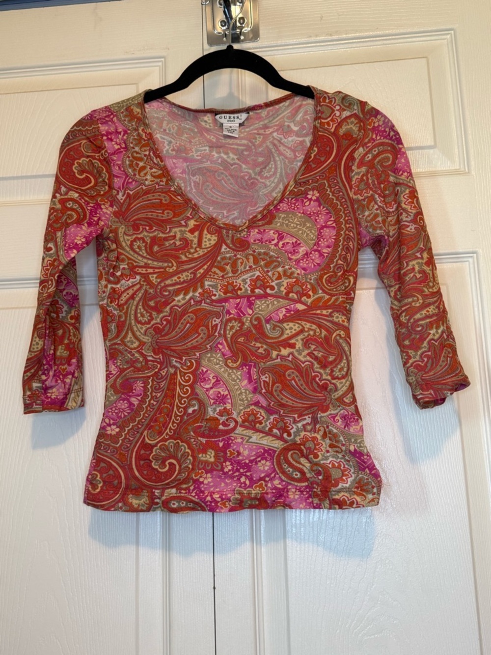 Vintage GUESS Paisley V-Neck Long Sleeve Top - S